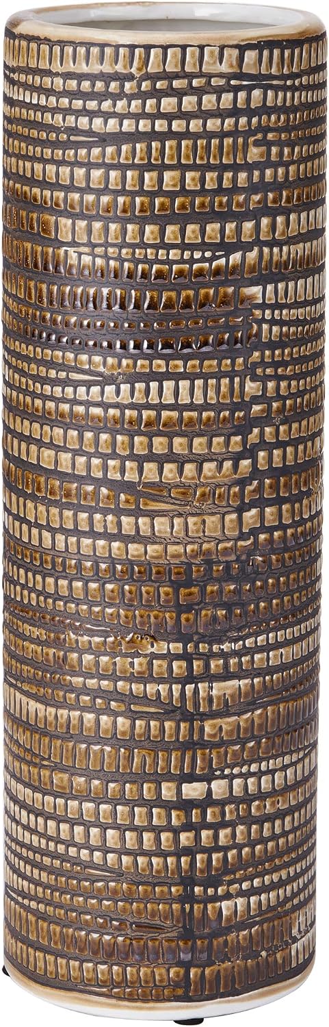 Elements 4.53x4.53x13.98 Inch Textured Ceramic Cylinder Vase, Black and White