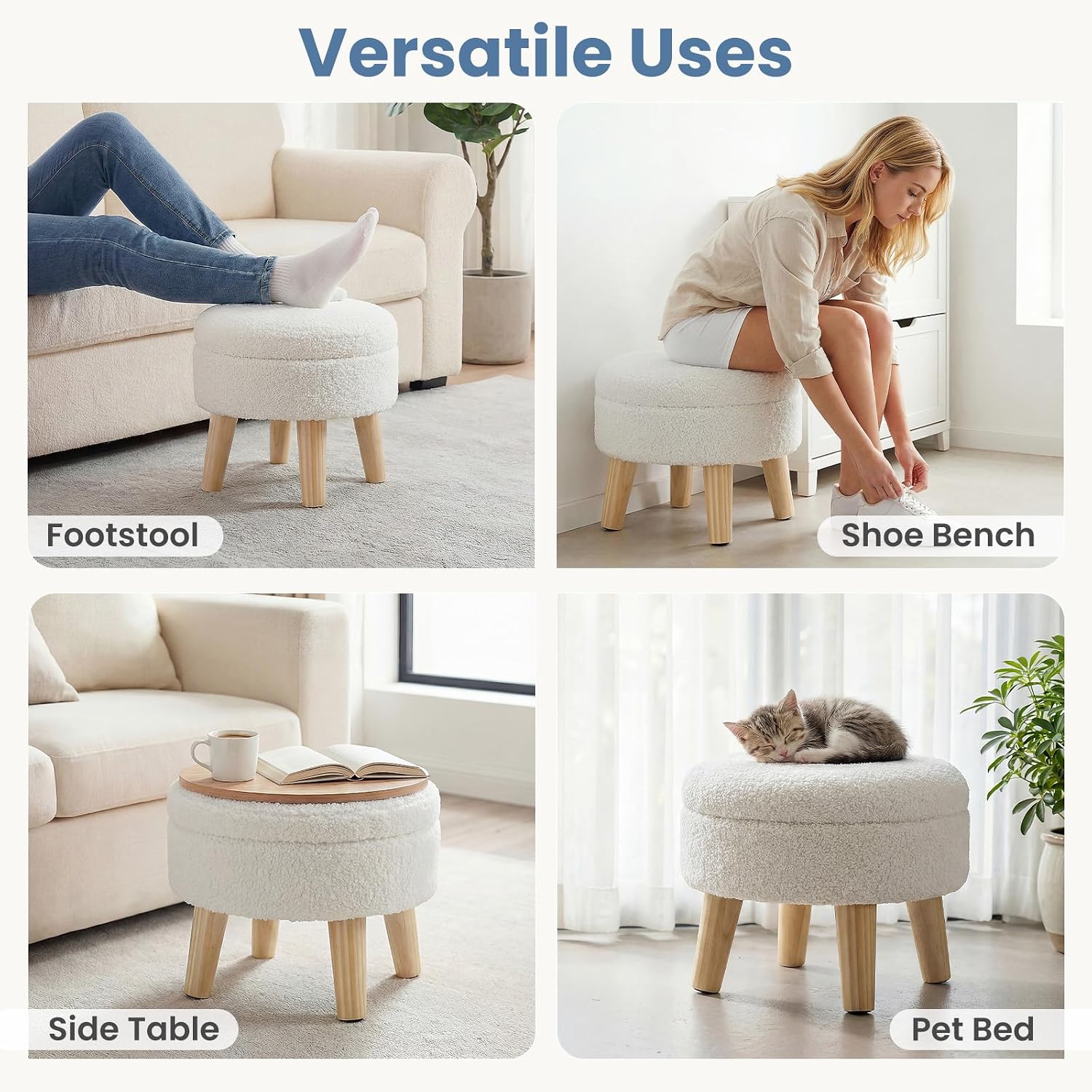 DUMOS Round Storage Ottoman with Reversible Tray Lid, Multi-Functional Footrest, Teddy Velvet Footstool with Wood Legs, Small Coffee Table for Living Room, Bedroom, Beige
