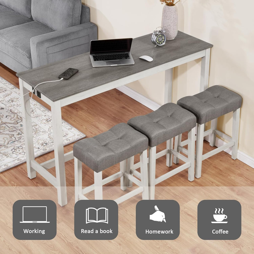 KEIKI 4-Piece Bar Table Set with Charging Ports, 59" Industrial Kitchen Table with 3 Upholstered Stools, Durable Wood Frame for Living or Dining Room, Gray & White