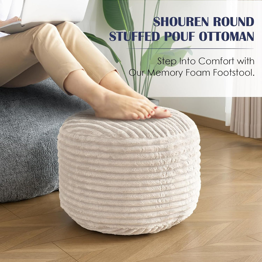 Round Ottoman,Corduroy Pouf Ottoman Foot Rest,Storage Footstool for Living Room,18x14 Soft Floor Poufs,Memory Foam Filling - Beige, 18x14 in