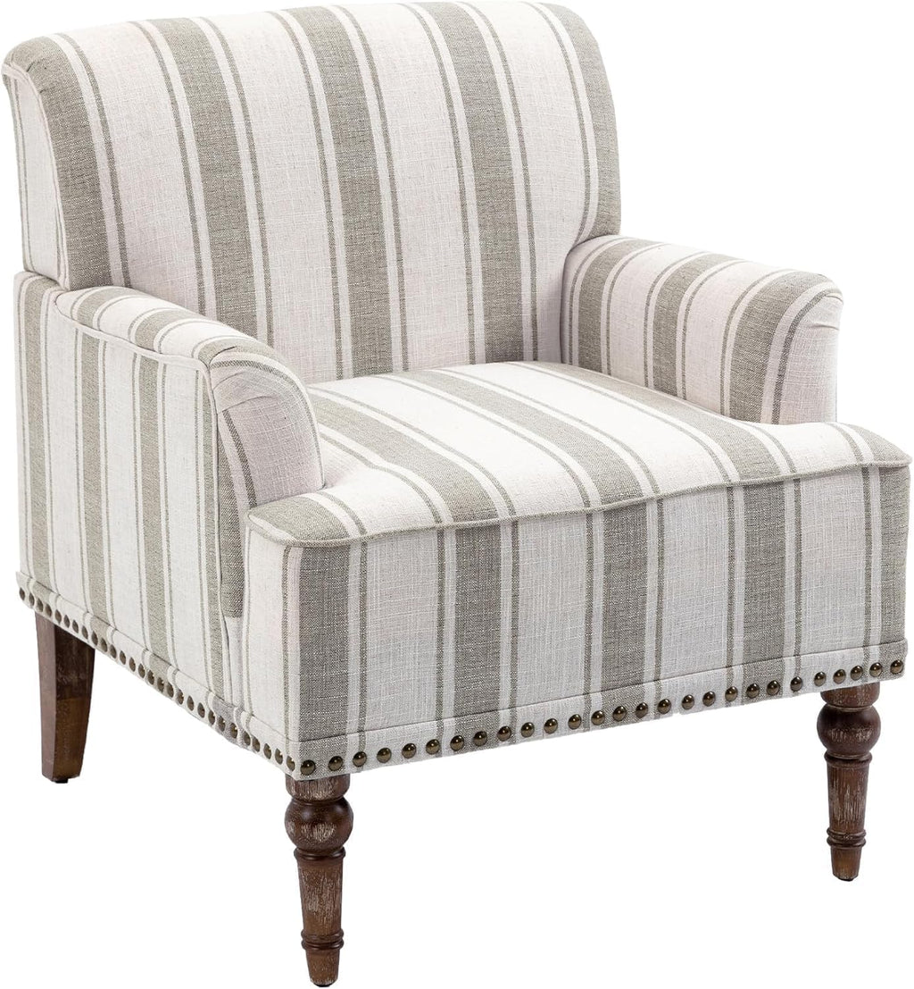 Stripe Accent Chair, Fabric Upholstered Armchair Modern Nailhead Trim Club Arm Chairs for Living Room with Wood Legs, Comfy Single Sofa Seat Bedroom Side Reading Seating - Brown