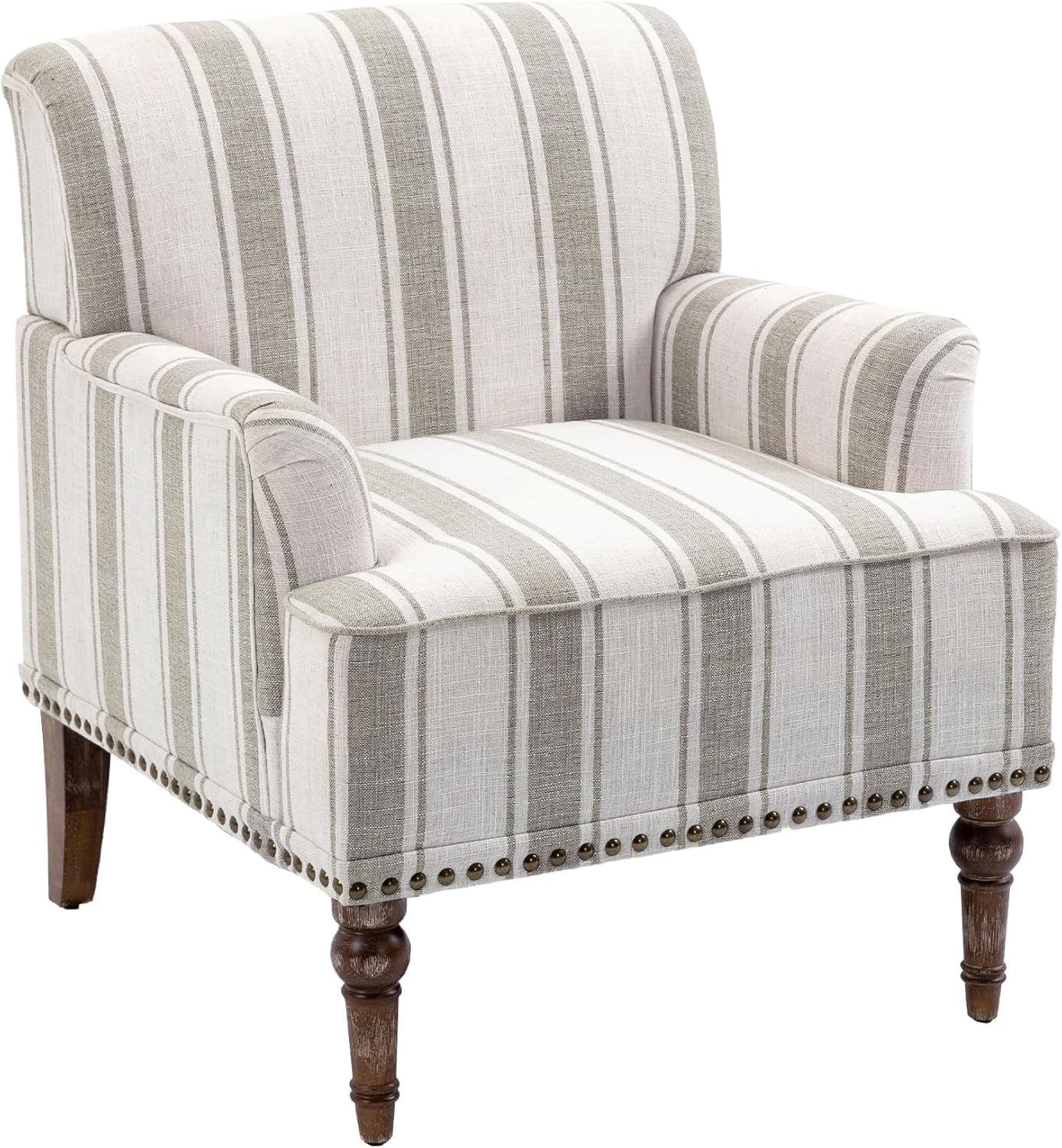 Stripe Accent Chair, Fabric Upholstered Armchair Modern Nailhead Trim Club Arm Chairs for Living Room with Wood Legs, Comfy Single Sofa Seat Bedroom Side Reading Seating - Brown