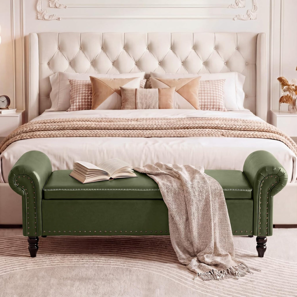 FiveWillowise 64” Storage Benches, End of Bed Bench with Storage,Dark Green | Large Upholstered Storage Ottoman with Tufted, Faux Leather Window Bench with Nailhead Trim for Bedroom, Entryway, Closet