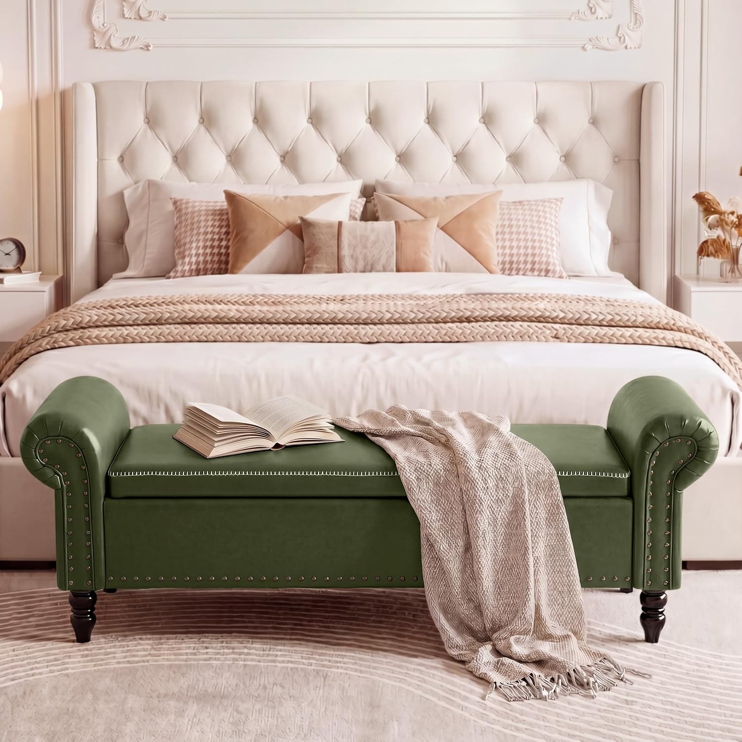 FiveWillowise 64” Storage Benches, End of Bed Bench with Storage,Dark Green | Large Upholstered Storage Ottoman with Tufted, Faux Leather Window Bench with Nailhead Trim for Bedroom, Entryway, Closet