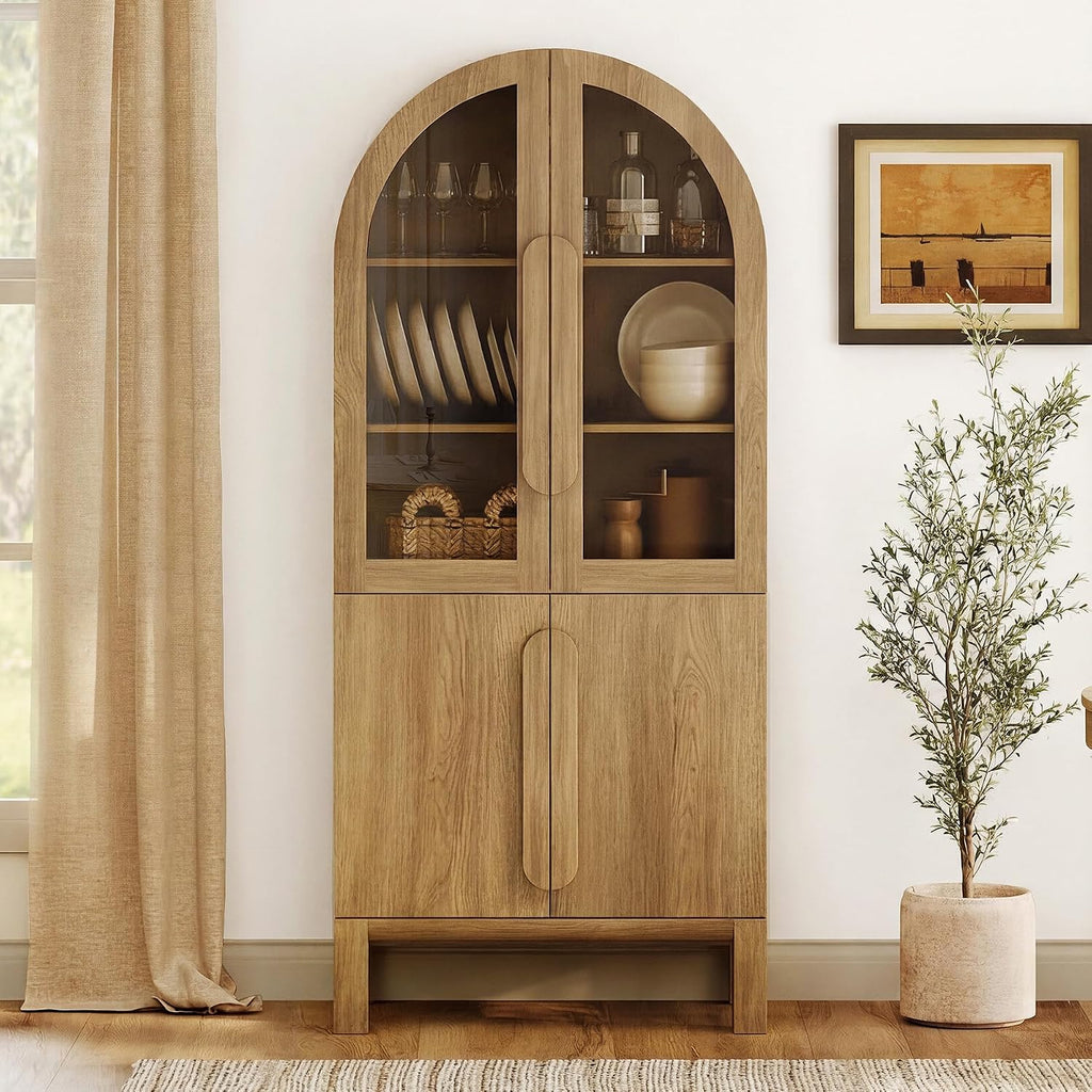 WAMPAT 71" Tall Arched Kitchen Pantry Cabinet with Glass Door, Modern Farmhouse Arched Bookcase with Adjustable Shelves, 5 Tiers Display Cabinet Bookcase for Kitchen, Living Room, Walnut (1 PC)