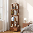 4 Tier Wood Rotating Bookshelf, 360° Spinning Bookshelf Tower with Lockable Wheels, Round Revolving Bookcase for Bedroom, Small Space, Corner, Office, Reading Nooks, Hallways, Walnut