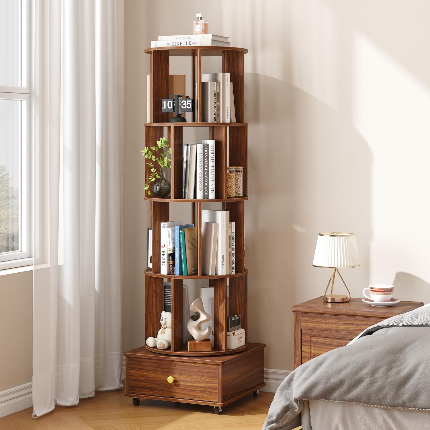 4 Tier Wood Rotating Bookshelf, 360° Spinning Bookshelf Tower with Lockable Wheels, Round Revolving Bookcase for Bedroom, Small Space, Corner, Office, Reading Nooks, Hallways, Walnut