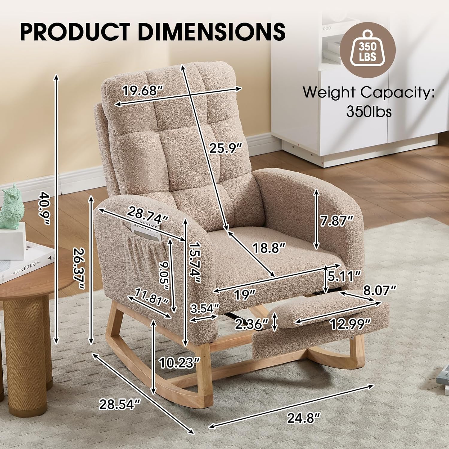 Nursery Rocking Chair, Teddy Boucle Upholstered Glider Rocker with Adjustable Footrest, High Back Rocker with Side Pockets, Comfy Accent Reading Chair for Living Room (Brown)