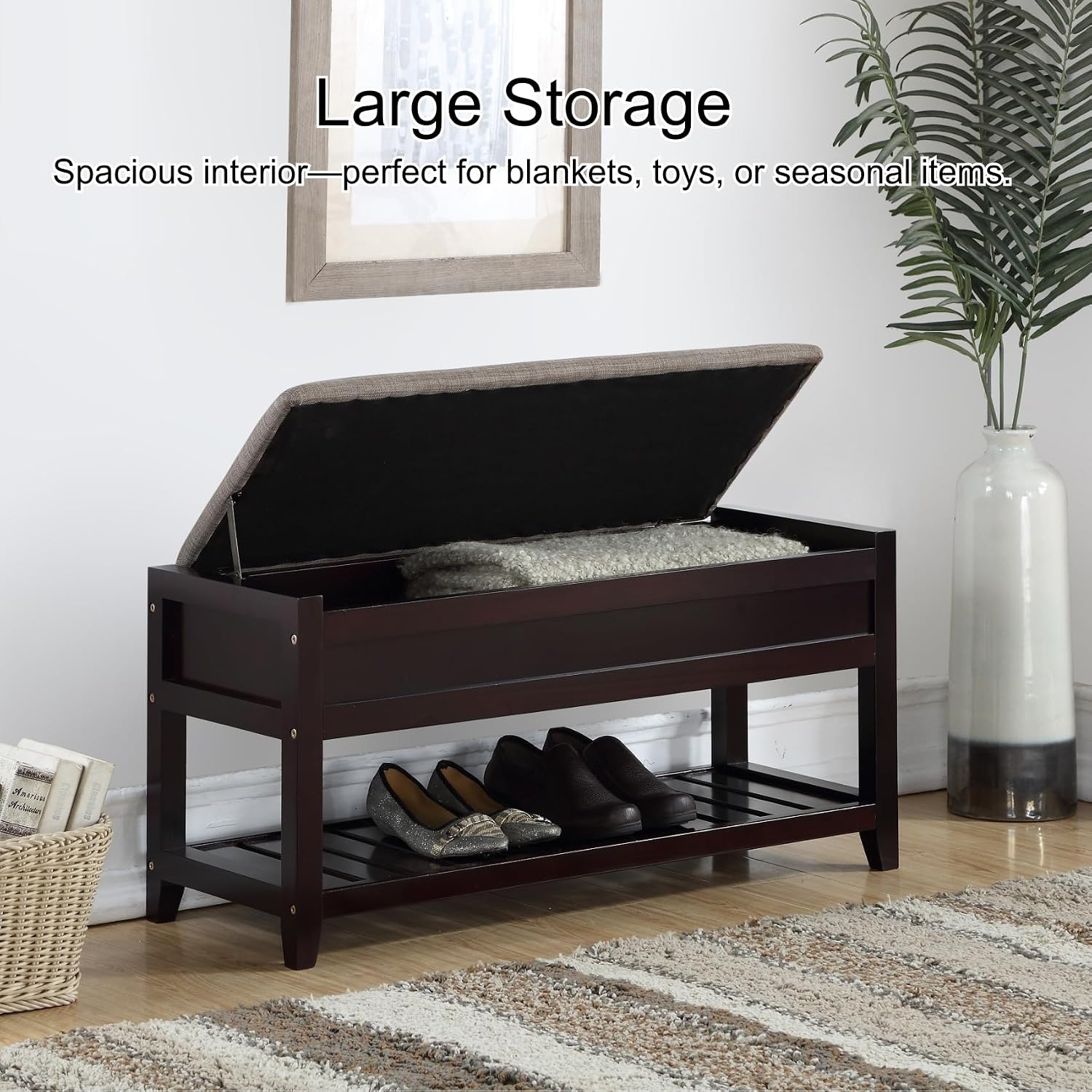 End of Bed Wood Bench for Bedroom, Mid Century Retro Upholstered 35.4'' Wooden Storage Shoe Bench Ottoman for Entryway, Hallway, Bedroom.
