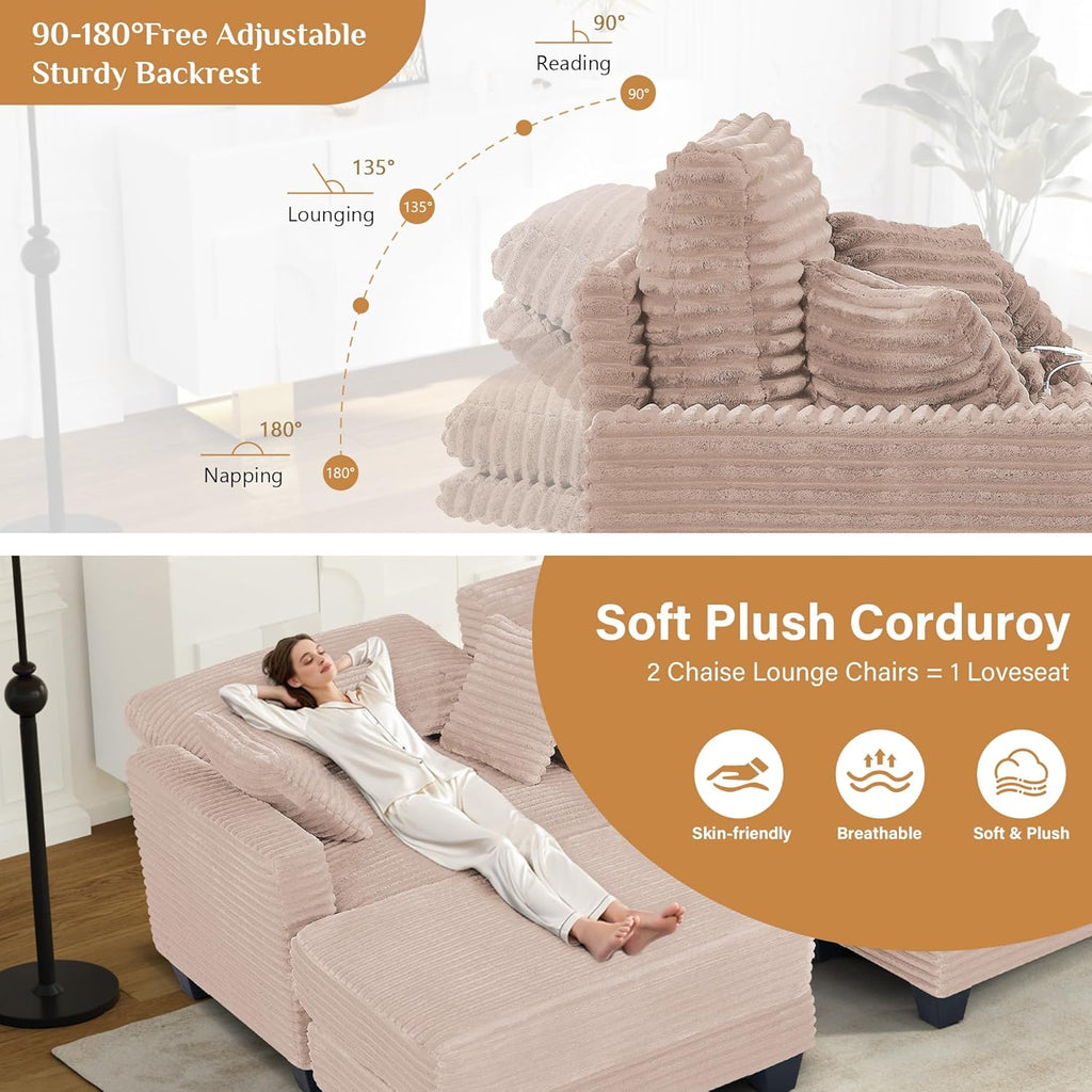 Oversized Chaise Lounge Chair Indoor with Adjustable Backrest, USB, Cup Holder & Ottoman, Firm Solid Wood Frame with Long Service Life Plush Corduroy Oversized Reading Chair for Study Room - Pink