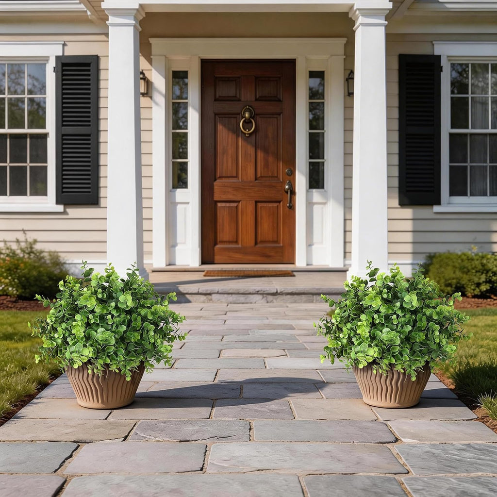 Set of 2 Artificial Eucalyptus Topiary Ball Trees for Front Porch Decor - 17" Faux Eucalyptus in Pot,Realistic Fake Eucalyptus Leaves Potted Plant for Farmhouse Home Front Door Outdoor Decor (Green)