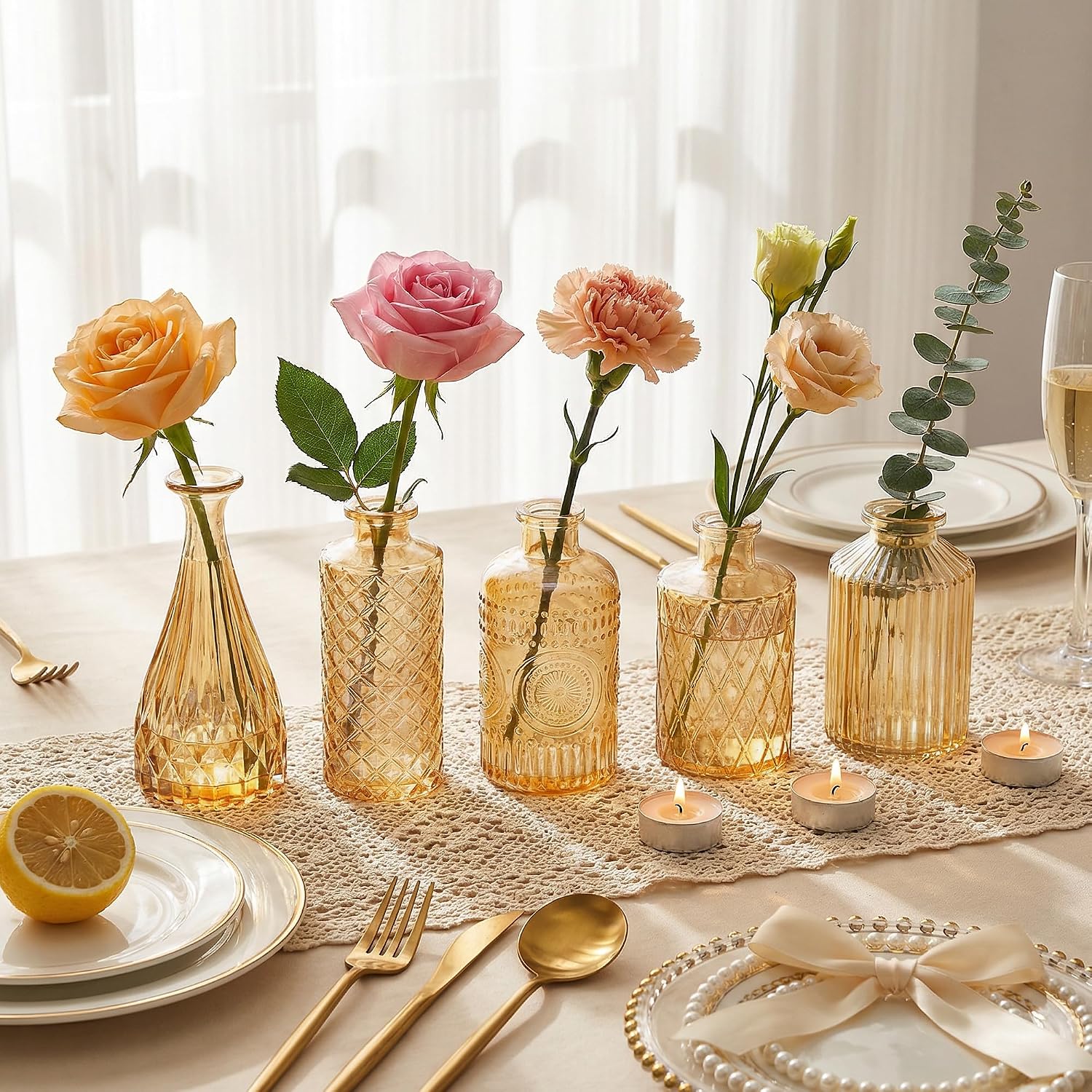 12 Pcs Clear Bud Vases Set, Small Vintage Glass Clear Bud Flower Vases Bulk Multiple Shape Cute Mini Glass Bottles Vases for Rustic Wedding Centerpieces Table Decorations and Home Decor (12, Gold)
