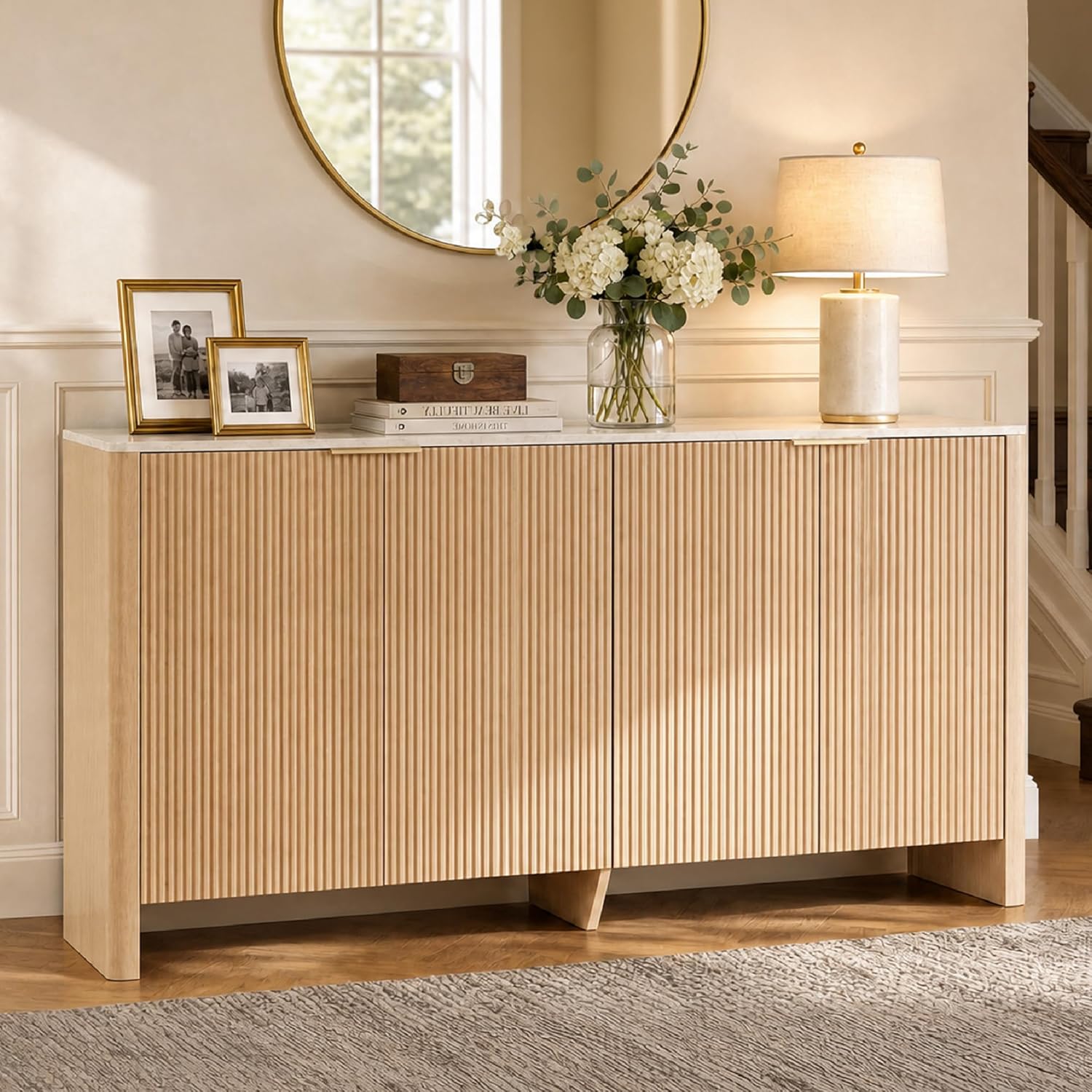 CHITA 61" Sideboard Buffet Cabinet with Storage, Living Room Accent Cabinet with Doors and Adjustable Shelves, for Bar, Kitchen, Oak - Faux Marble