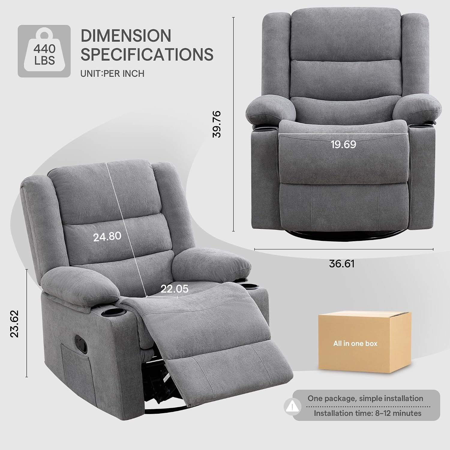 360°Swivel Rocking Chairs for Adult,Recliner Chair with Side Pockets and Cup Holders,Rocker Recliner with a Suitable for Living Rooms,Bedrooms,Light Grey