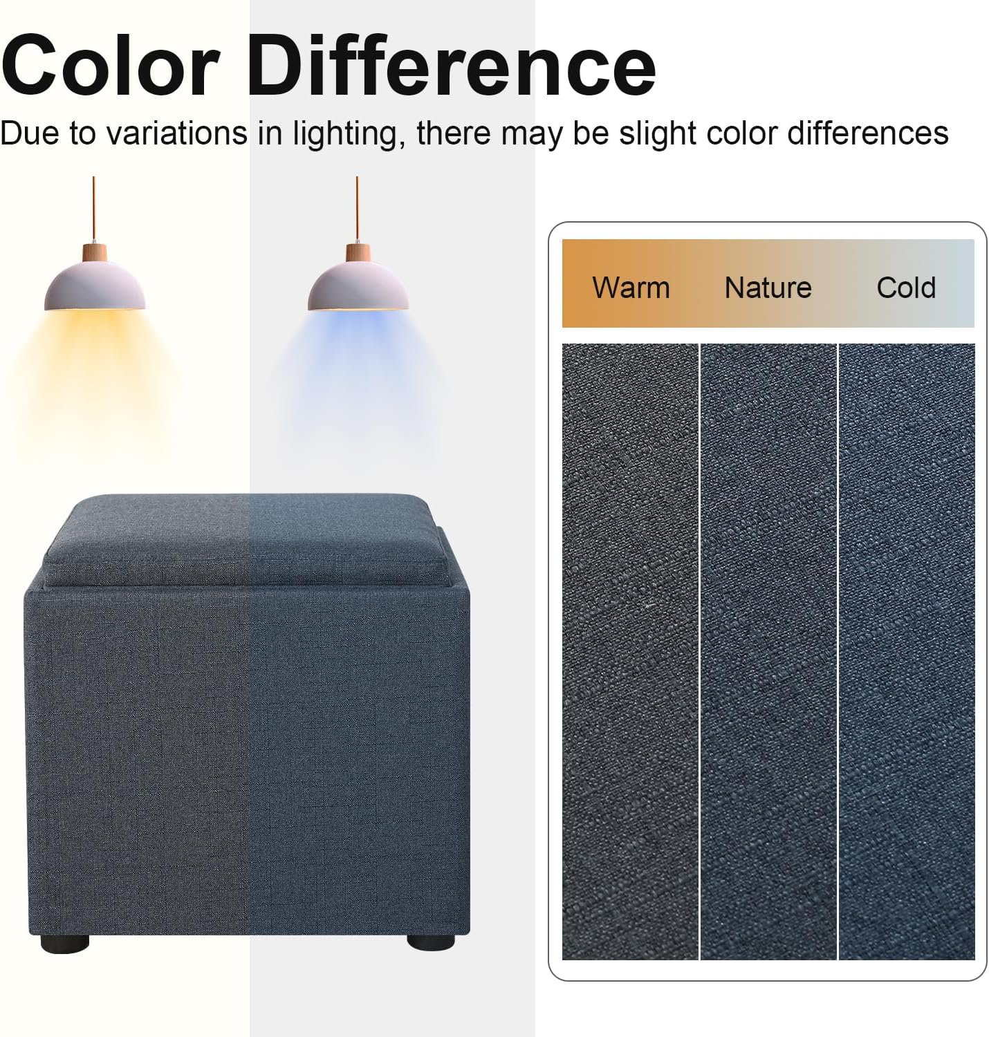 Joveco Storage Square Ottoman with Tray, Small Linen Foot Rest Stool Cube, Coffee Table for Dorm Living Room Bedroom, Denim Gray