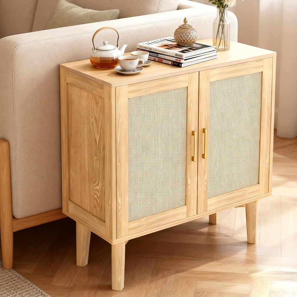 ITEFDTUTNE Rattan Cabinet, Buffet Storage Cabinet Sideboard with 2 Doors & Solid Wood Feet, for Hallway, Entryway, Living Room,or Kitchen