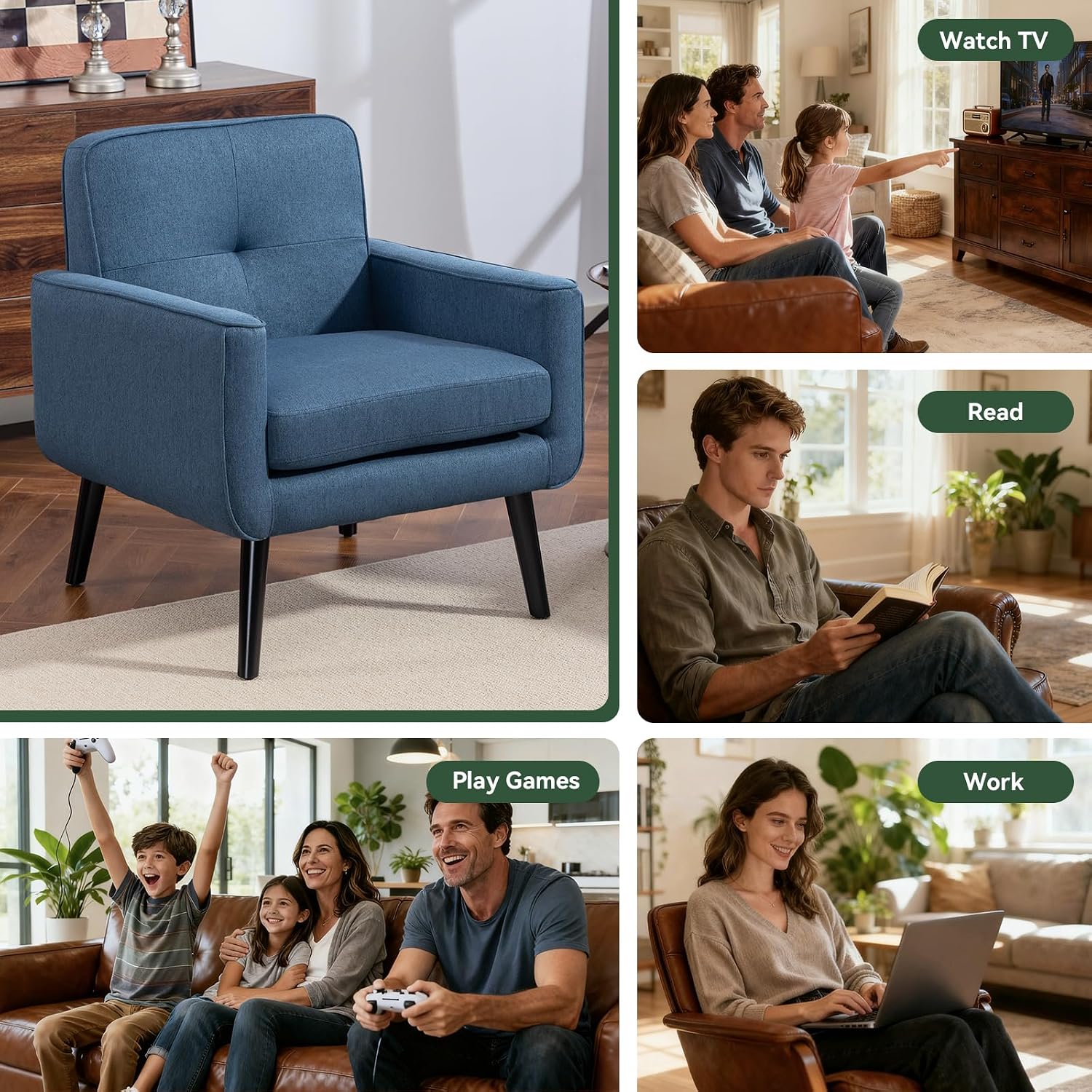 Vogue Furniture Direct Mid Century Accent Chair, Fabric Modern Chair with Wooden Frame, Cozy Armchair Reading Chair with Comfy Back for Apartment, Living Room, Bedroom, Small Space, Corner, Blue
