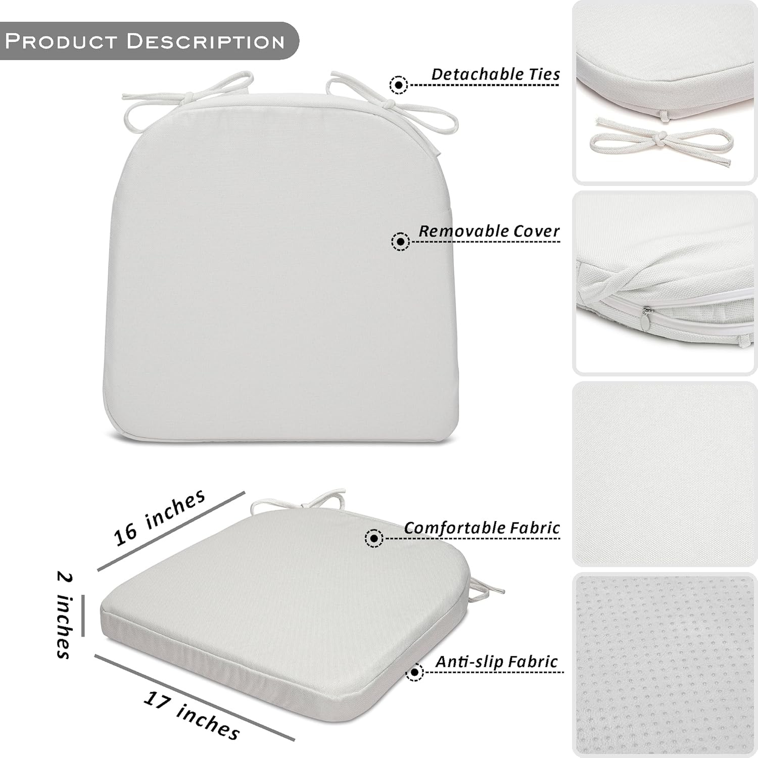 SQUARE MOON Chair Cushions for Dining Chairs, High Resilience Foam Dining Room Chair Pads, Kitchen Seat Cushions with Ties, Machine Washable, 17" x 16" x 2", 6/Pack, White