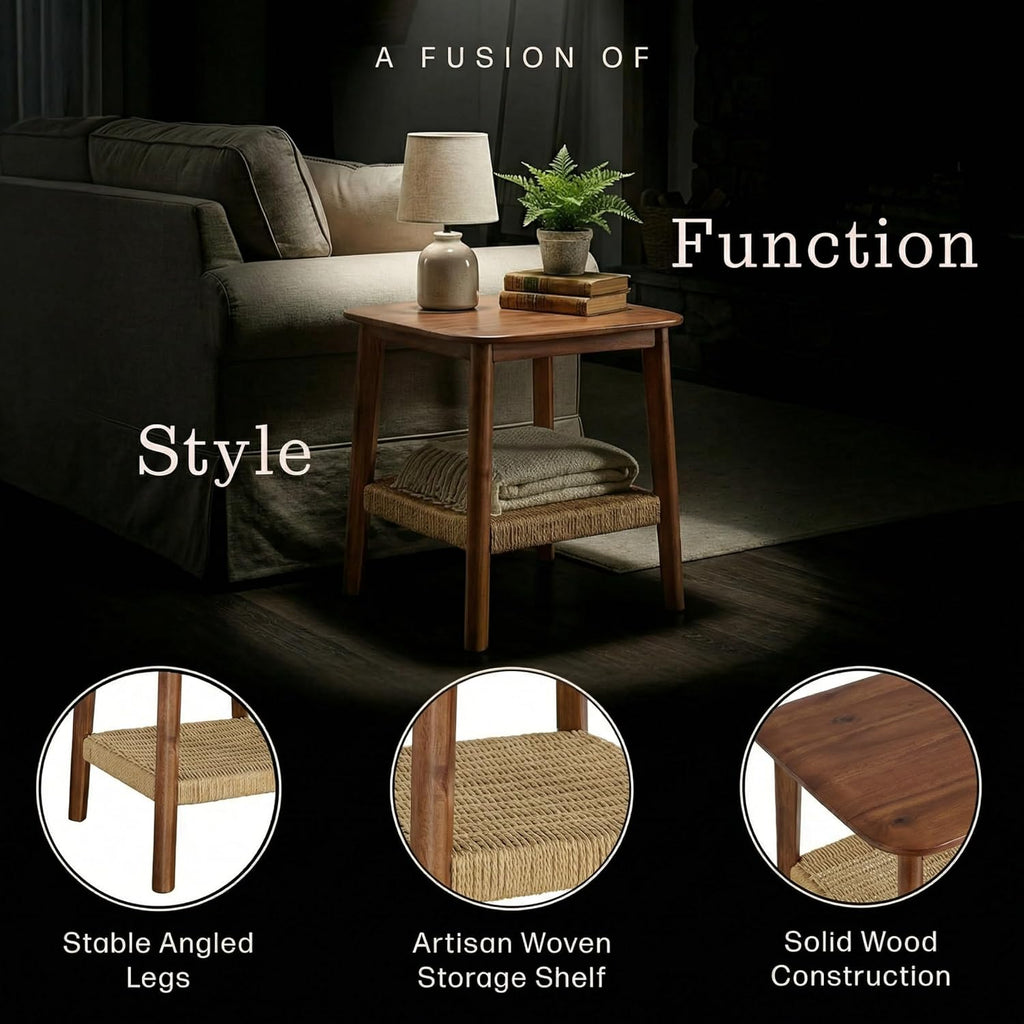 Alaterre Furniture Calais 2-Tier Solid Wood End Table with Woven Storage Shelf – Set of 2 Mid Century Modern Nightstand or Side Table for Living Room, or Bedroom (Chestnut)