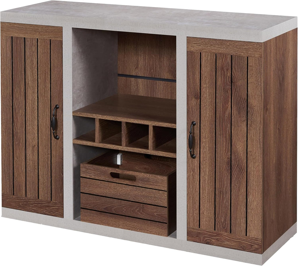 HOMES: Inside + Out Cato Industrial Two-Tone Buffet with Open Shelf, Wine Bottle Holder, Slatted Drawer and Cabinets, Distressed Walnut and Cement