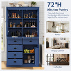 72''H Kitchen Pantry Cabinet, Vintage Storage Cupboard with 2 Glass Doors, Drawers, Serving Trays and Shelves, Freestanding Coffee Bar Cabinet for Dining Room Living Room, Blue