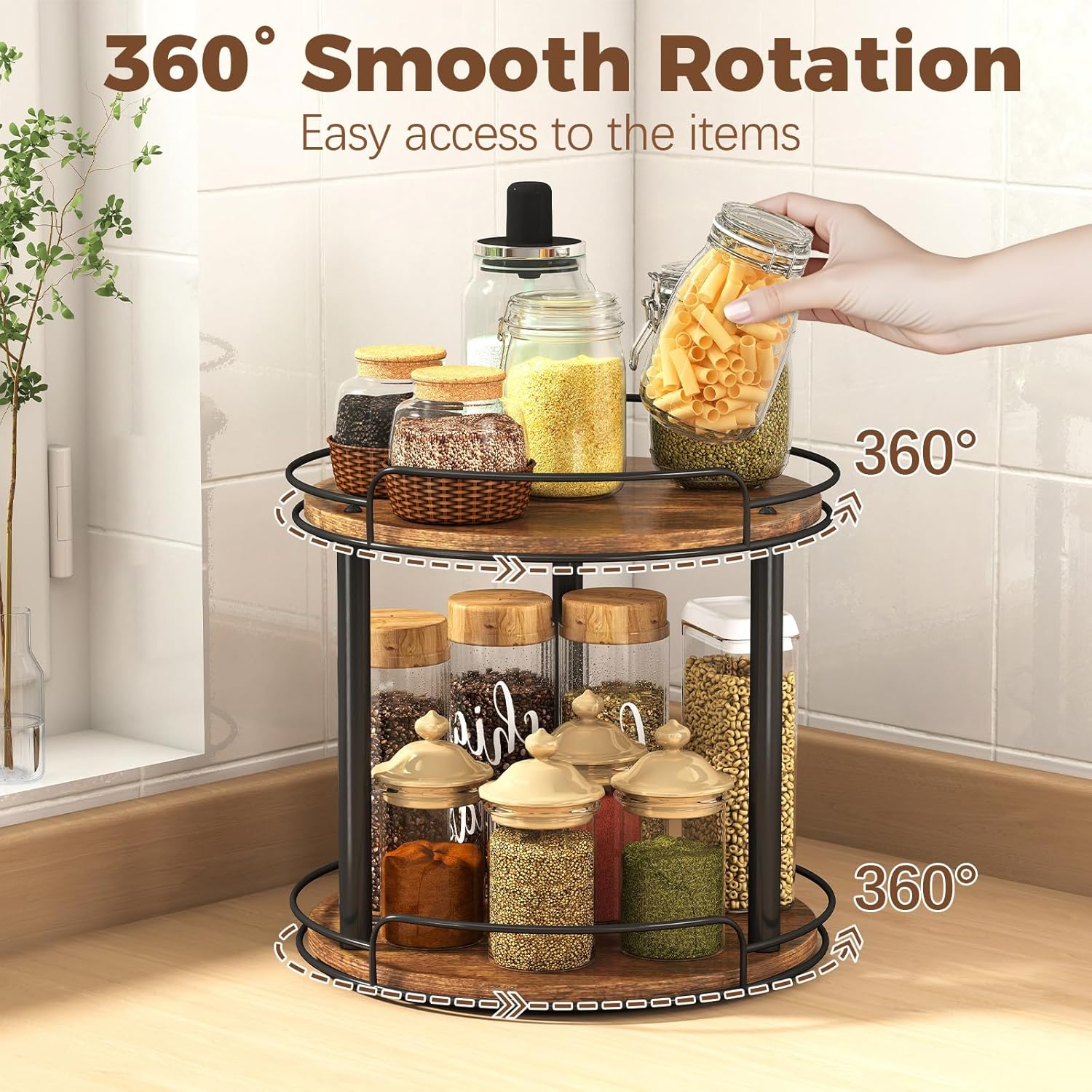 LAMU 9'' Wood Lazy Susan Turntable Organizer for Cabinet, 2 Tier Lazy Susan Spice Rack Organizer for Kitchen, Table Top, Countertop, Pantry, Medicine Organizer