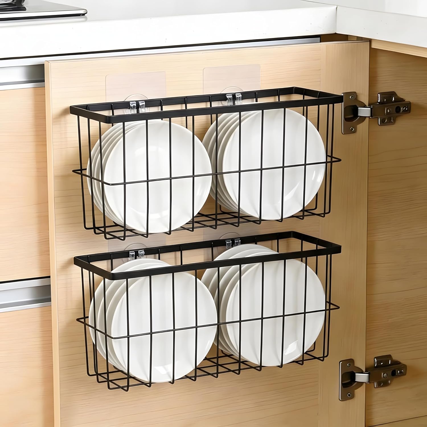 FAMNONE 2 Pack Adhesive Cabinet Door Organizer – 5.9” Deep Lid Organizer for Cabinet, No Drill Wall Mounted Storage Box for Pantry Door, Kitchen & Bathroom Space Saving Organizer