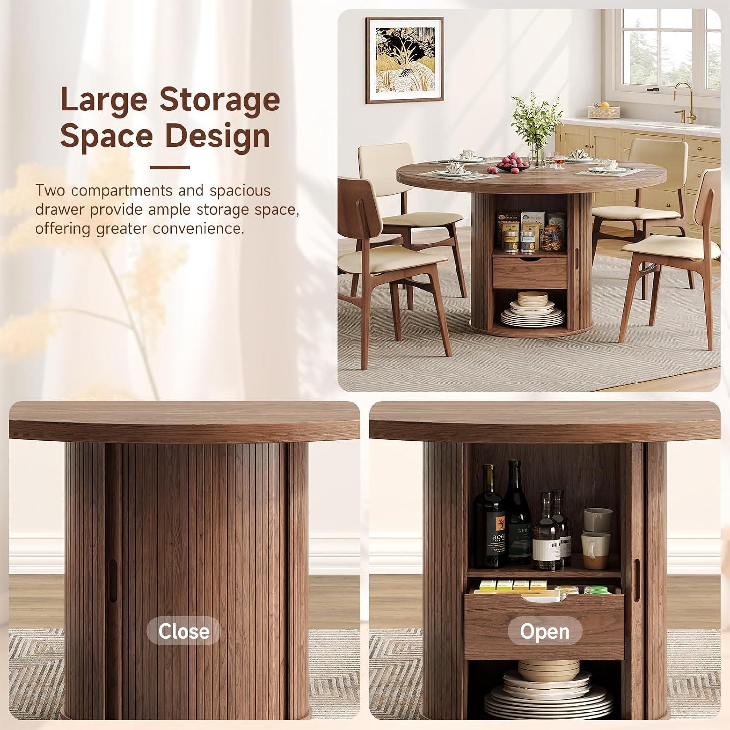 Round Dining Table for 4-6 Seats, 47" Circle Kitchen Table with Storage Drawer, Modern Mid-Century Pedestal Dinner Tables, Fluted Wood Base, Space Saving Dining Room Furniture for Family Party, Walnut