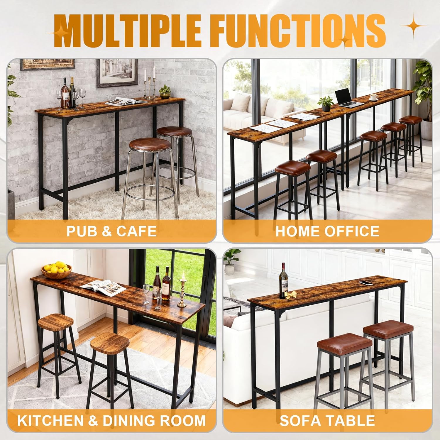Karl home 71" Bar Table, Narrow Long High Top Dining Table with Upgraded Triangular Support for Stability, Industrial Counter Height Bar Table for Small Space, Behind Sofa, Kitchen, Rustic Brown