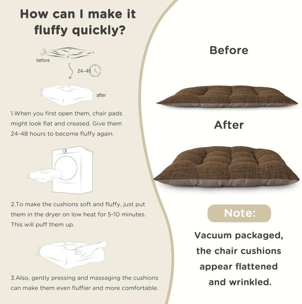 AddGrace Non-Slip Kitchen Chair Cushions Set of 2, D-Shape Dining Chair Pads with Ties, Tufted Seat Cushions for Kitchen and Dining Room, 18 x 16.5 x 3 inch (46 x 42 x 7.6 cm), Brown
