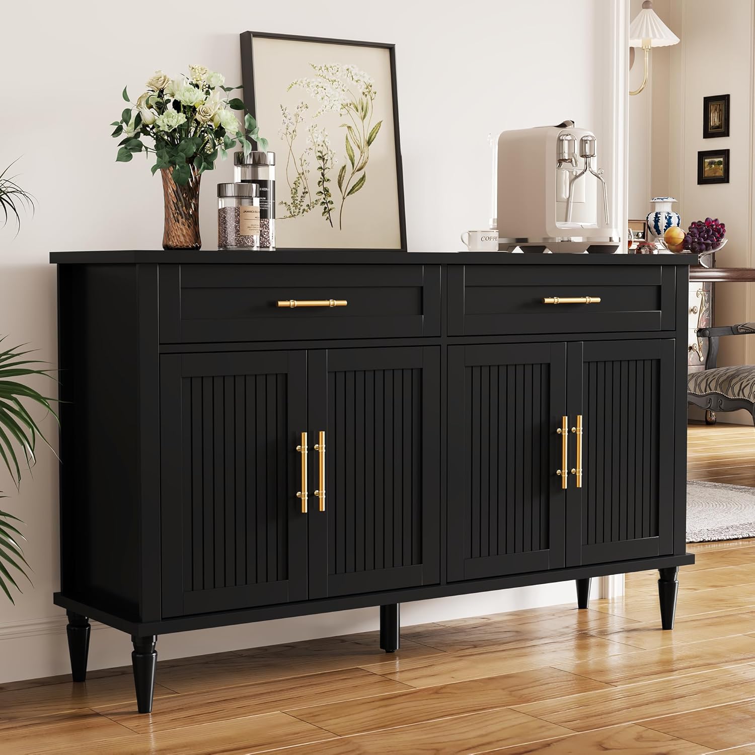 58 Inch Sideboard Buffet Cabinet with Storage, Fluted Buffet Storage Cabinet with 2 Drawers and 4 Doors, Modern Coffee Bar with Adjustable Shelves for Living Room, Kitchen (Black)