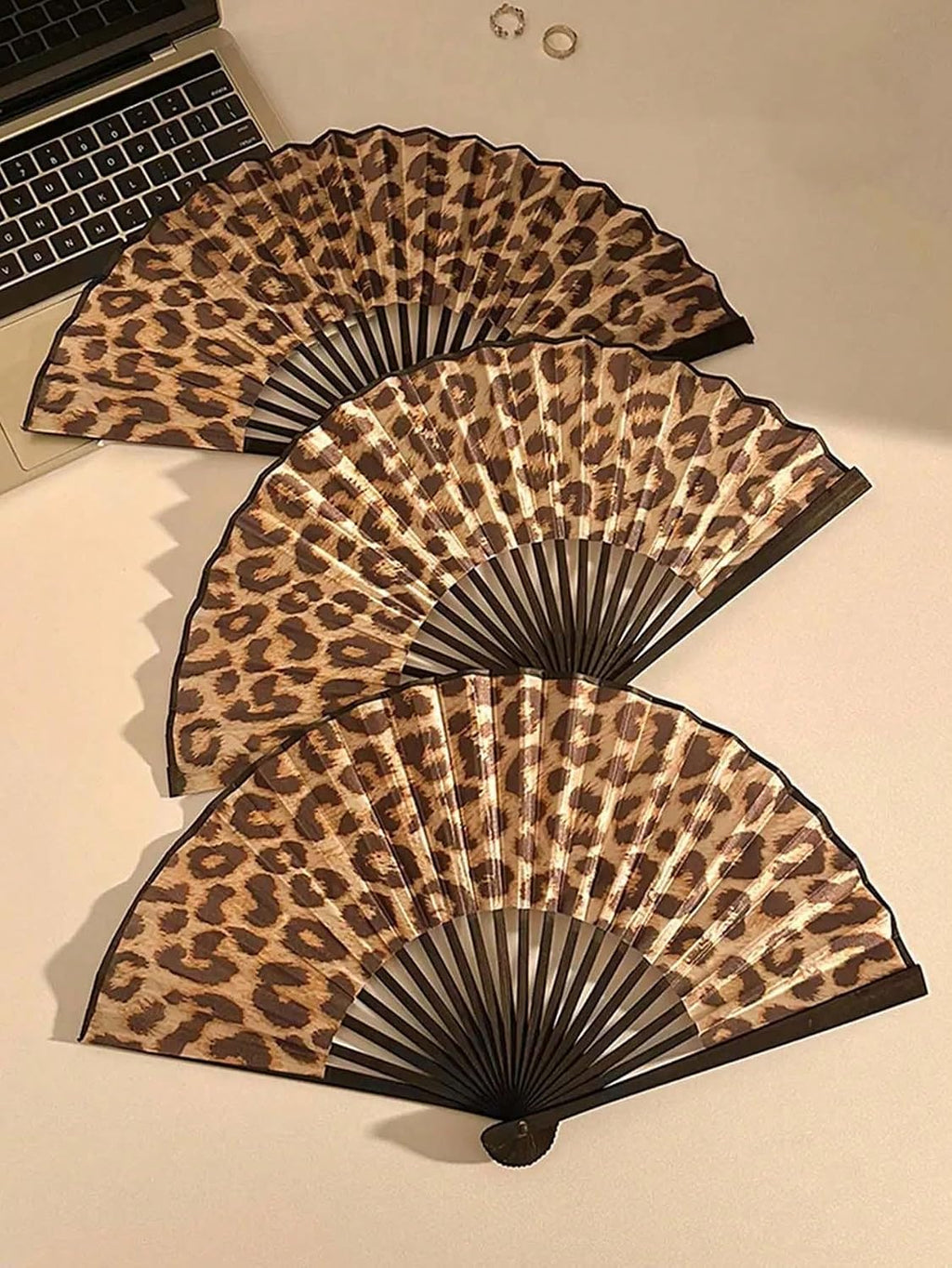 Elegant Leopard Print Folding Fan with Black Frame, Fashionable Princess Theme, Lightweight and Portable Handheld Fan for Women