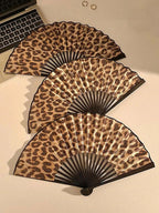 Elegant Leopard Print Folding Fan with Black Frame, Fashionable Princess Theme, Lightweight and Portable Handheld Fan for Women