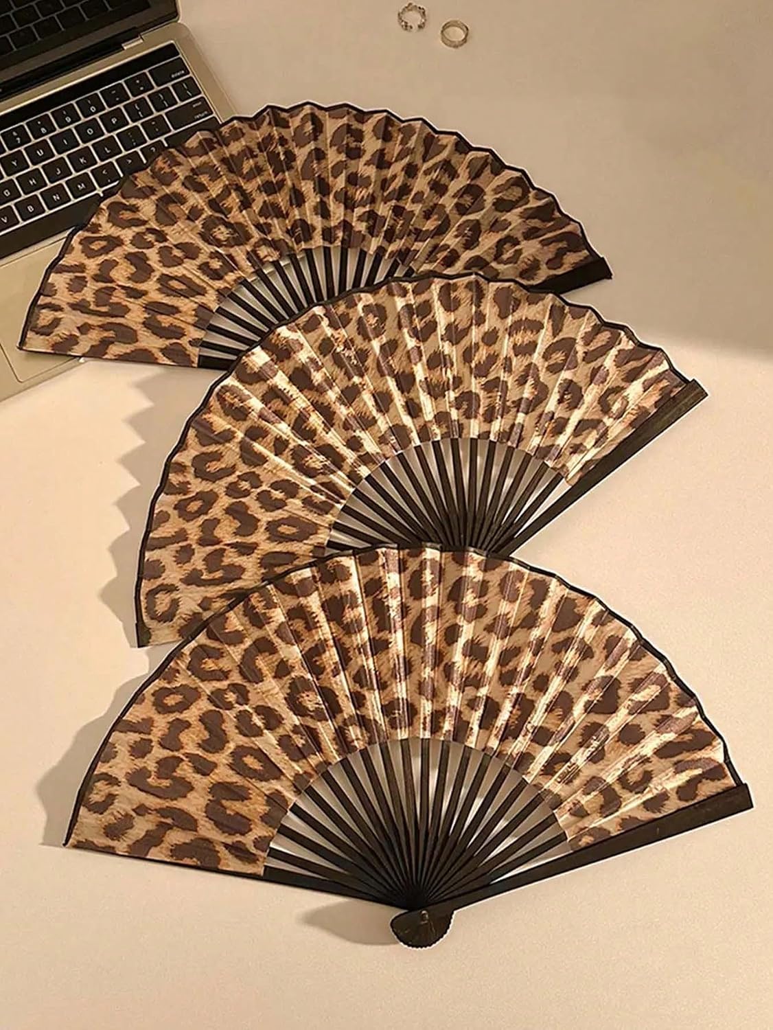 Elegant Leopard Print Folding Fan with Black Frame, Fashionable Princess Theme, Lightweight and Portable Handheld Fan for Women