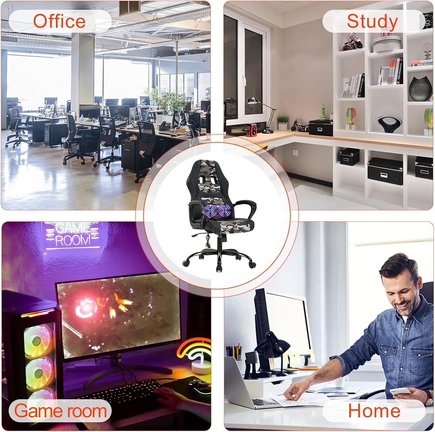 Comfortable Office Chair Massage Office Chair PC Gaming Chair Ergonomic Chair Desk Chair with Lumbar Support Headrest PU Leather Executive High Back Computer Chair Adults, Camo, 20.3x20.1x45.7inch