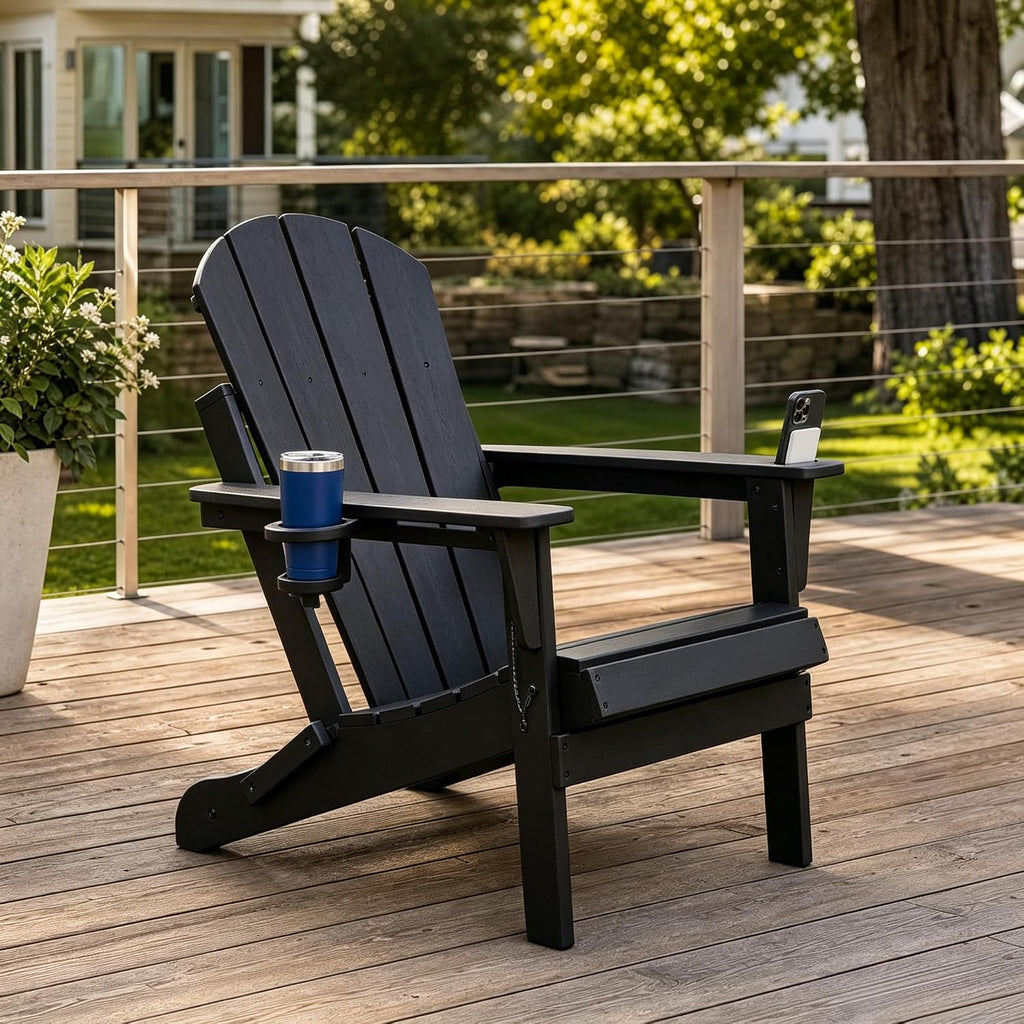 Foldable Adirondack Chair Set of 2/4/6, HDPE Outdoor Patio Chair with Cup Holder & Phone Slot, Heavy Duty 380 lbs, Metal Limit Chain, Space Saving Folding, Multiple Colors (4, Black)