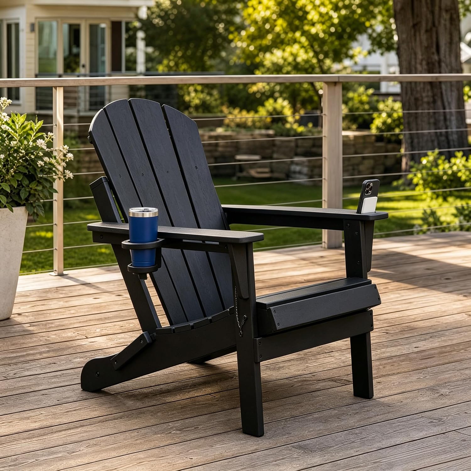 Foldable Adirondack Chair Set of 2/4/6, HDPE Outdoor Patio Chair with Cup Holder & Phone Slot, Heavy Duty 380 lbs, Metal Limit Chain, Space Saving Folding, Multiple Colors (4, Black)