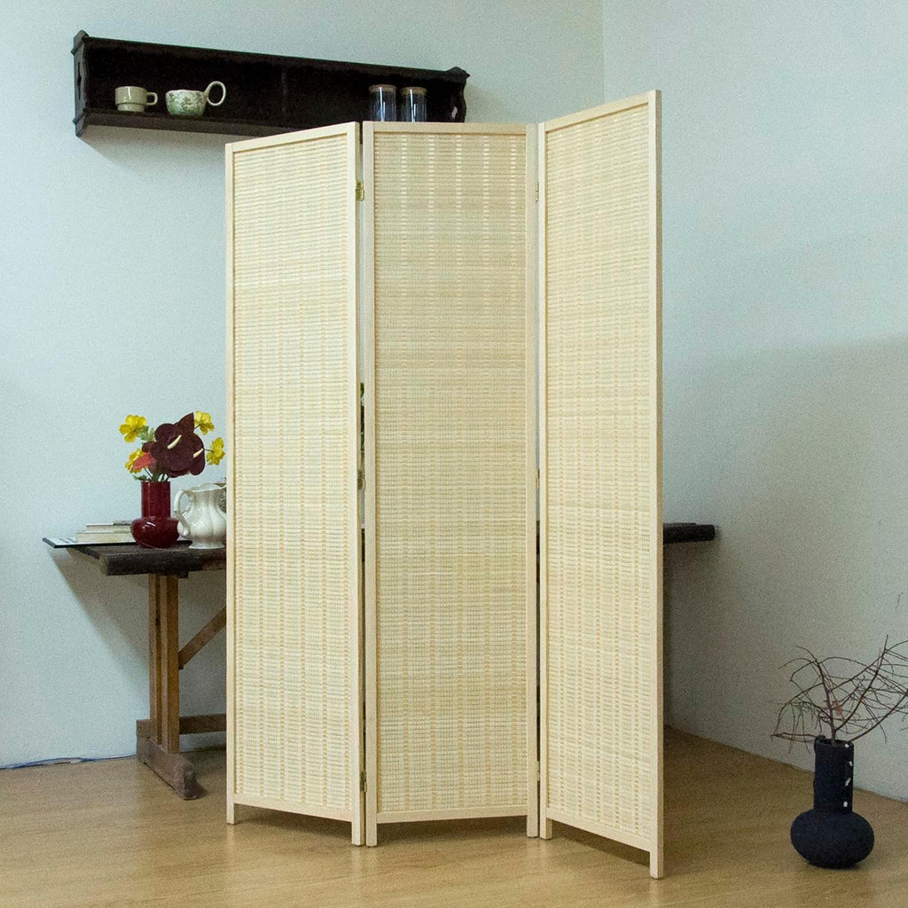 3-Panel Bamboo Room Divider - 5.6 ft Tall Beige Folding Privacy Screen, Double-Sided Freestanding Partition Wall with Natural Wood Frame for Home Office & Corner Privacy