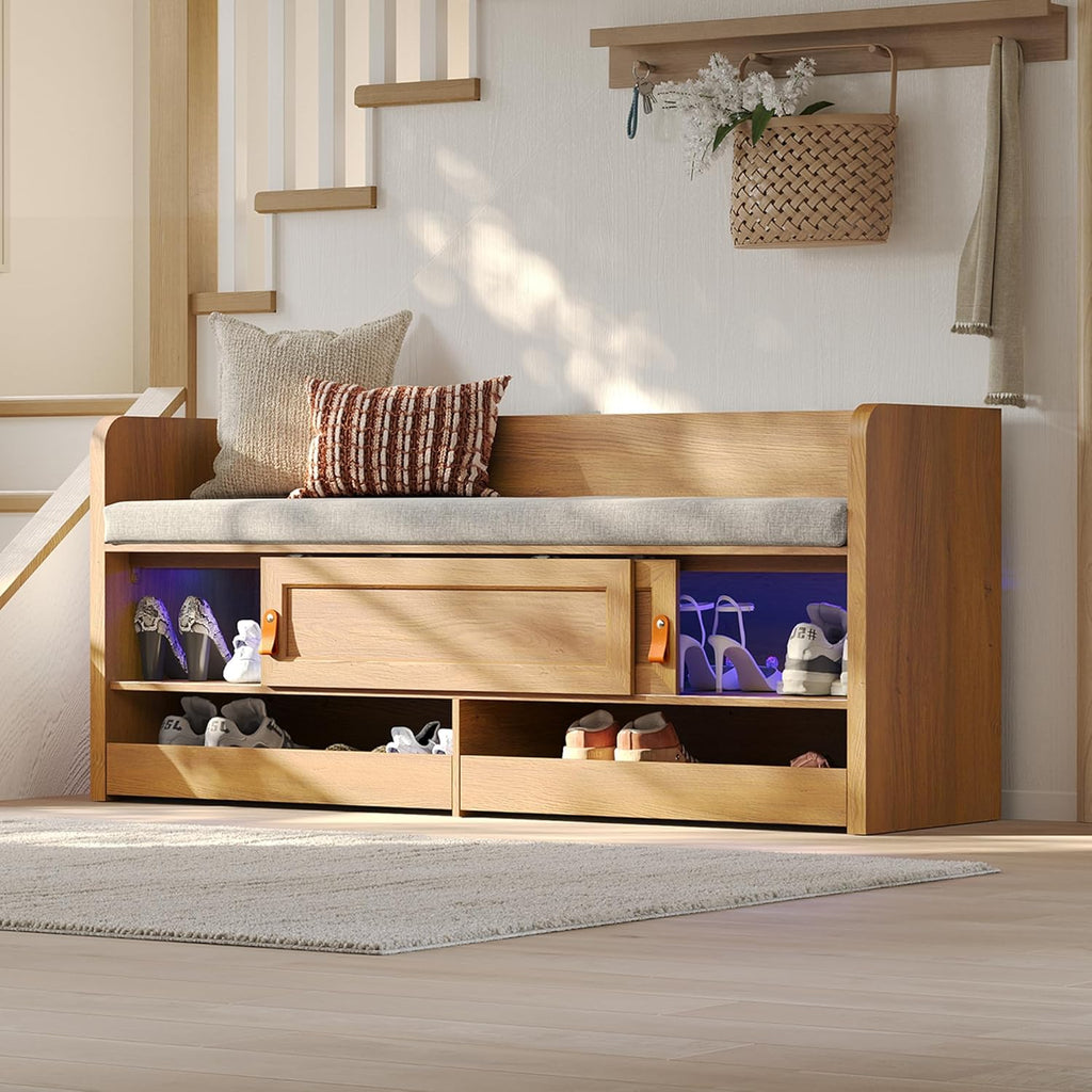 STO'SENSE Shoe Bench with UV Light, 2-Tiers Entryway Bench with Cushion, Sliding Doors & 2 Pop-Out Drawers for Bedroom, Closet, Living Room, Hallway