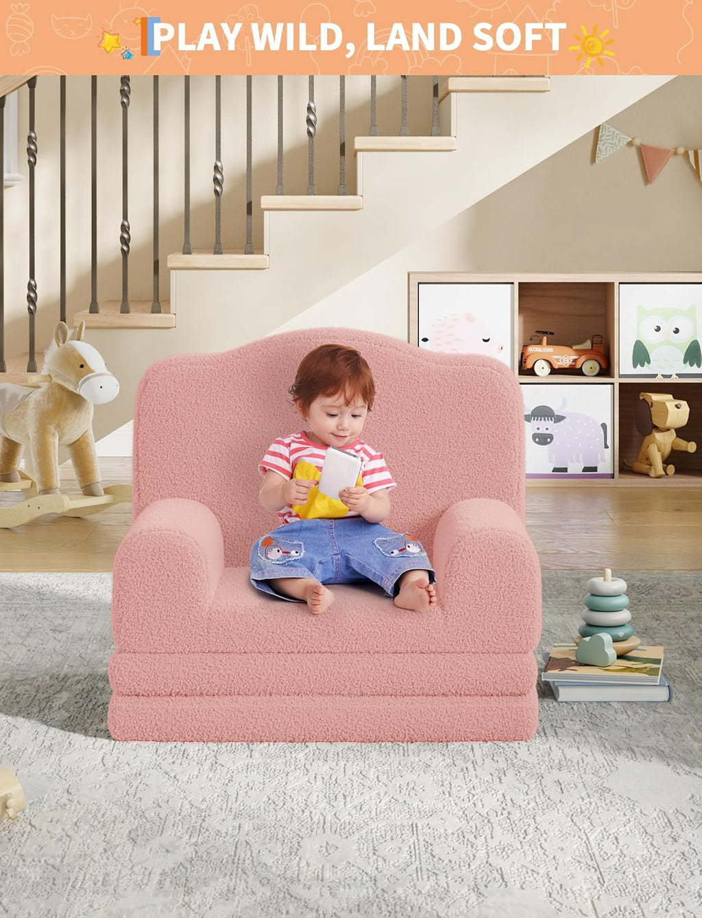 IDEALHOUSE Kids Sofa Chair, Sherpa Convertible Toddler Couch with Washable Cover, Crown Design Comfy Children's Reading Chair, Fold Out Sofa Bed for Playroom, Nursery, Girls & Boys