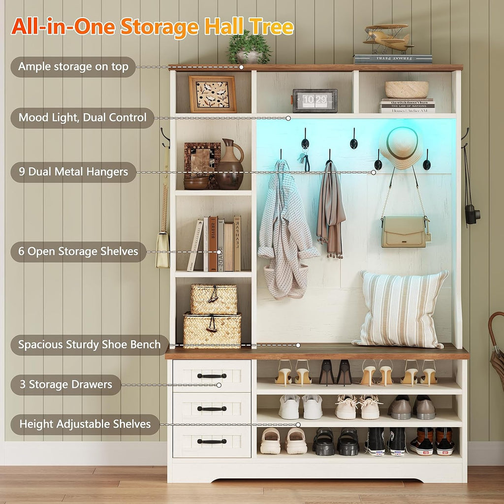 TVU Storage Hall Tree with Bench & 3 Drawers, 22-in-1 Coat Rack With 9 Coat Hooks, Farmhouse Entryway Bench With 9 Open Shelves for Hallway, Entryway (Hall Tree)