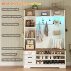 TVU Storage Hall Tree with Bench & 3 Drawers, 22-in-1 Coat Rack With 9 Coat Hooks, Farmhouse Entryway Bench With 9 Open Shelves for Hallway, Entryway (Hall Tree)