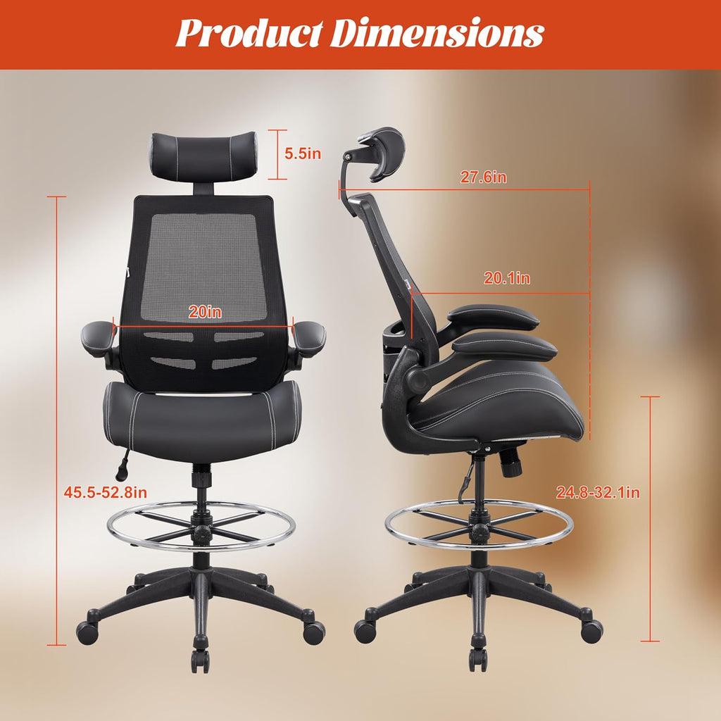BOLISS Tall Ergonomic Office Chair, Sustainable Tech-Leather Drafting Chair with Adjustable Foot Ring, 90° Flip-Up Arms Space Saving Mesh Computer Desk Chair for Standing Desk Executive Work 8+ Hours