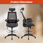 BOLISS Tall Ergonomic Office Chair, Sustainable Tech-Leather Drafting Chair with Adjustable Foot Ring, 90° Flip-Up Arms Space Saving Mesh Computer Desk Chair for Standing Desk Executive Work 8+ Hours