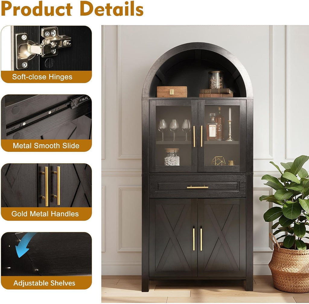 71" Tall Arched Kitchen Pantry Cabinet, Farmhouse Freestanding Food Pantry with Glass Door, Barn Door Design and Adjustable Shelves, Storage Cupboard for Kitchen, Living & Dining Room,Black