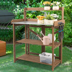 Ketive Folding Potting Bench Table,Outdoor Potting Bench Garden Wooden Potting Table,Fir Wood Workstation Planting Table with Galvanized Tabletop,2 Tier Storage Shelves,Top Shelf(Brown)