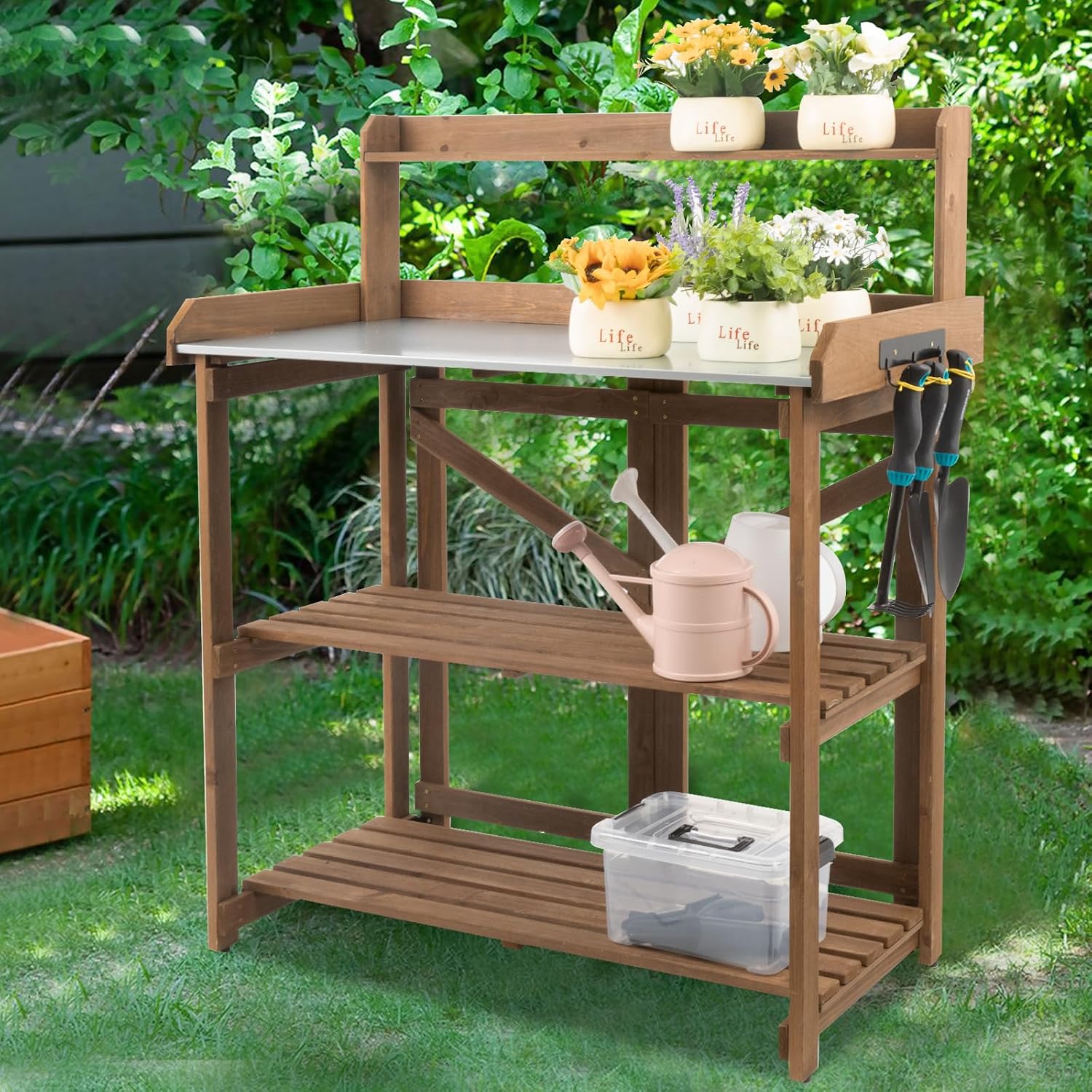 Ketive Folding Potting Bench Table,Outdoor Potting Bench Garden Wooden Potting Table,Fir Wood Workstation Planting Table with Galvanized Tabletop,2 Tier Storage Shelves,Top Shelf(Brown)