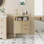 Natural Wood Bathroom Floor Cabinet with 3 Fluted Drawers & Door, Modern Storage Sideboard with Open Shelf, Coffee Bar Station for Living Room, Entryway, 23.6 x 11.8 x 34.6 Inches