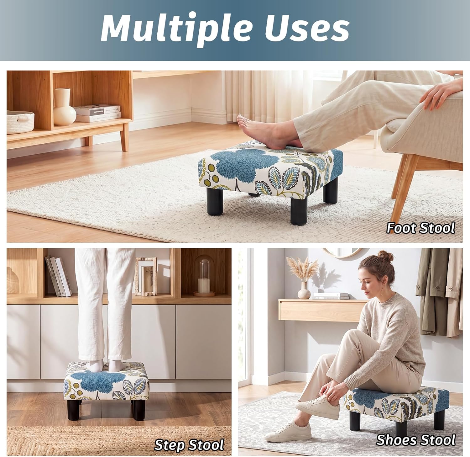 Joveco Small Foot Rest Stool Ottoman, Square Upholstered Fabric Footstool for Couch, Under Desk, Office, Living Room, Blue Floral