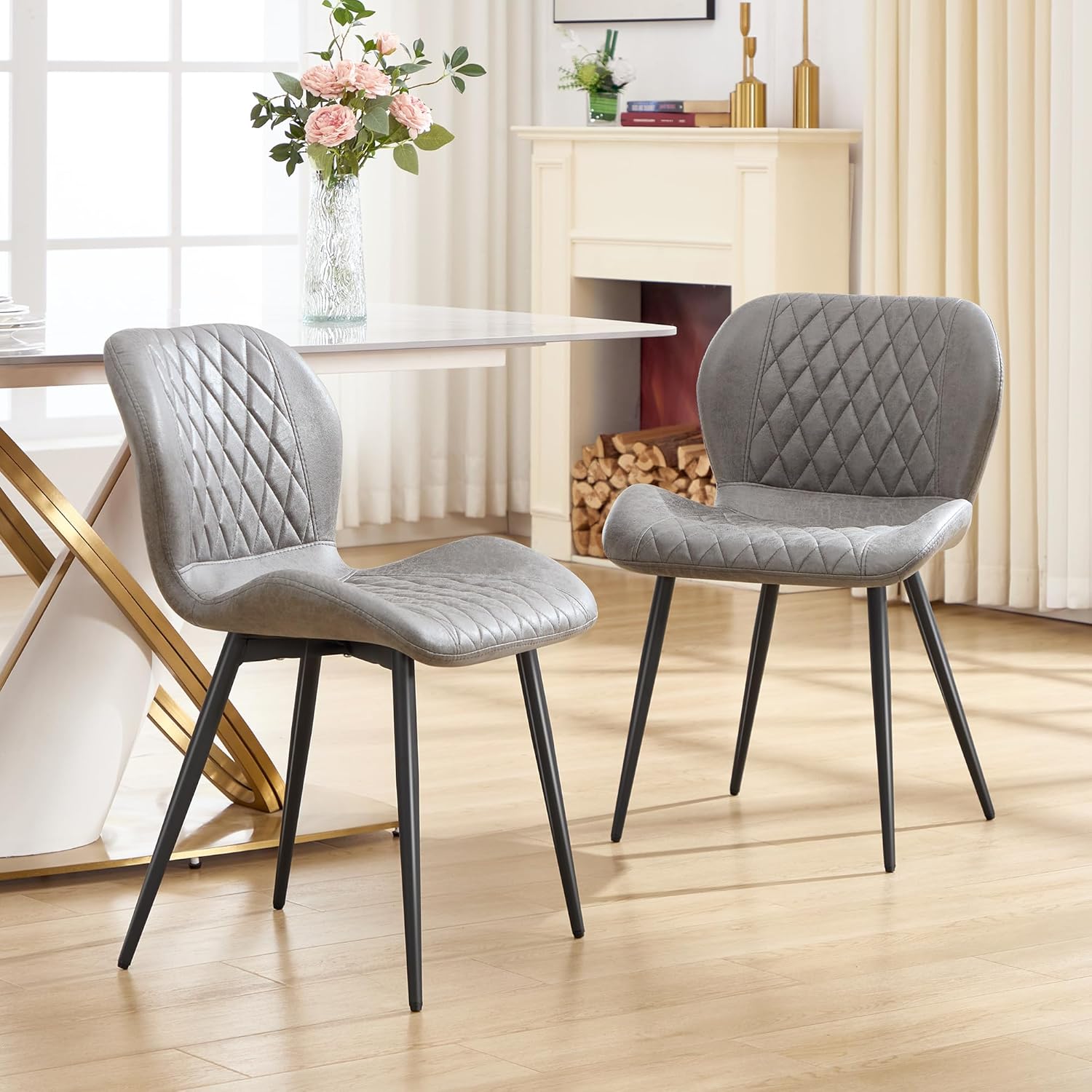 Dining Chairs Set of 4, Comfy Modern Dining Chairs with Thick Cushions, Upholstered Fabric Kitchen Side Chairs with Adjustable Metal Legs for Dining Room (Light Grey)